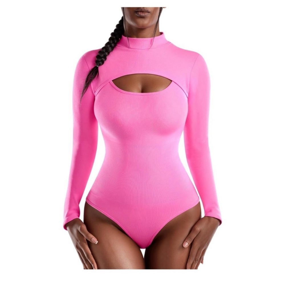 ALGALAROUND Mock Neck Cutout Front Long Sleeve Bodysuit Tummy Control Shapewear